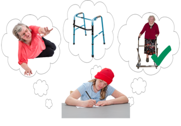 A woman thinking of what to write to ask for help to stop falling over and get a walking frame
