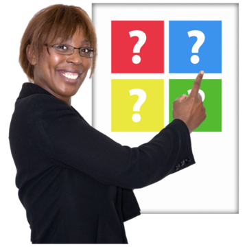 A woman points to a board with a series of ?s on it.