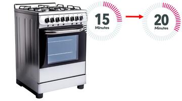 A cooker with 2 clocks showing 15 minutes and 20 minutes with a red arrow between the 2 clocks.