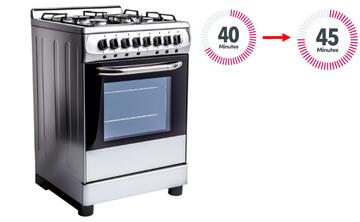 A cooker with 2 clocks showing 40 minutes and 45 minutes with a red arrow between the 2 clocks.