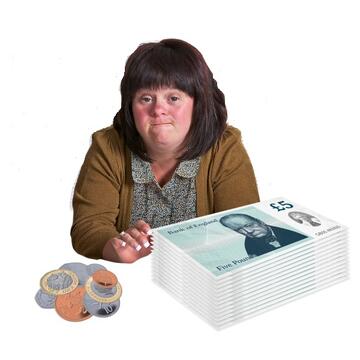 A lady sitting down with a small pile of money in front of her.
