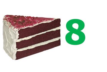 A slice of cake with the number 8 beside it.