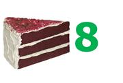 A slice of cake with the number 8 beside it.