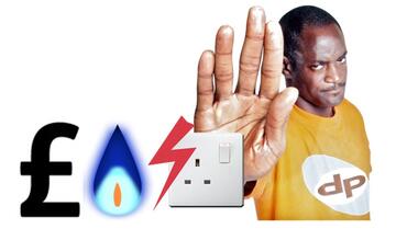 A man holding his hand out.  In front of his hand are a pound sign, a gas flame and an electric socket.
