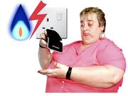 A lady holding her wallet upside down with a few pennies falling out. Behind her are a gas flame and an electric socket.