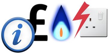 An information sign next to a pound sign, gas flame and an electric socket.