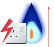 a red arrow pointing up next to a gas flame and an electric socket