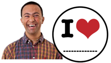 A man next to a badge with a love heart.
