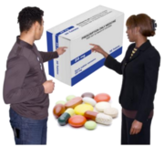 A man and a woman point at some medication.