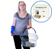 A lady holding a shopping basket.  Beside her is a shopping list.