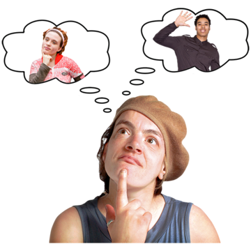 A woman with two thought bubbles above her head, one with a man and one with a woman inside each.