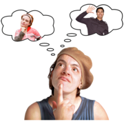 A woman with two thought bubbles above her head, one with a man and one with a woman inside each.