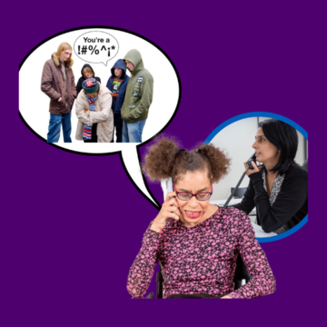 A picture of a woman calling a helpline to talk about someone being bullied