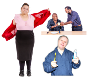 A woman getting dressed, a man helping another  man to drink from a cup and a man holding up a toothbrush and toothpaste