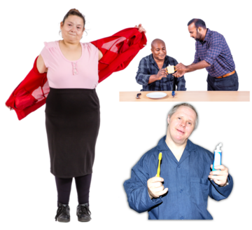 A woman getting dressed, a man helping another  man to drink from a cup and a man holding up a toothbrush and toothpaste
