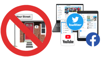 Social media icons for YouTube Facebook and Twitter over a photograph of a mobile phone, laptop and tablet are next to a house address with a no entry sign over it