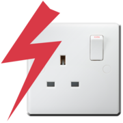 An electric socket which is switched on and has a red zig zag beside it.