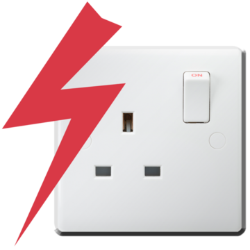 An electric socket which is switched on and has a red zig zag beside it.