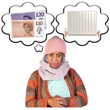 A lady wearing a hat and scarf and thinking about money and heating.