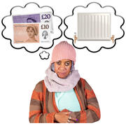 A lady wearing a hat and scarf and thinking about money and heating.