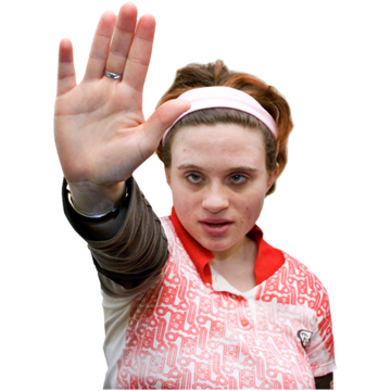A woman with her palm outstretched saying NO