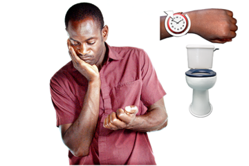 A man who has been waiting for a long time next to a picture of a toilet and a wrist watch