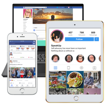 A laptop, tablet and mobile phone all showing social media pages