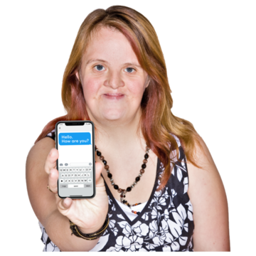 A woman  holds up her mobile phone showing a text message