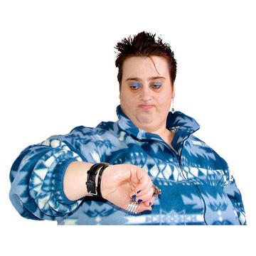 A lady looking at her watch.