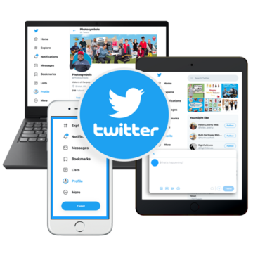 Twitter logo in front of an ipad, mobile phone and laptop