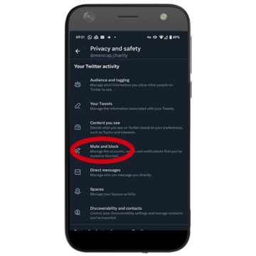 An android phone screen showing part of the process to mute words
