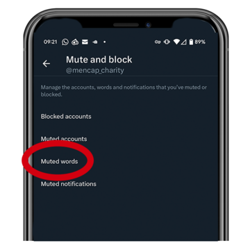 An android phone screen showing part of the process to mute words