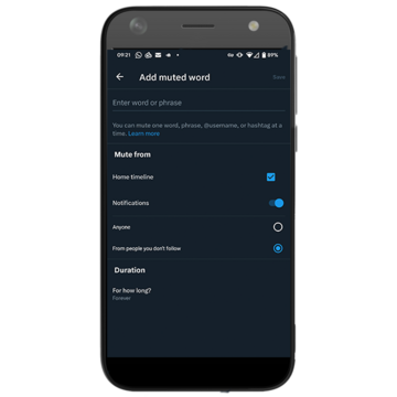 An android phone screen showing part of the process to mute words