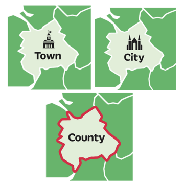 Map drawings showing a town, a city and a county