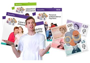 A man shrugging his shoulders with the names of different benefits behind him and some money beside him.