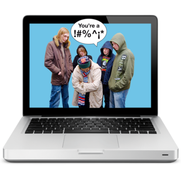A laptop showing a picture of an old woman being bullied by a group of young people