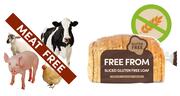 A pig, a chicken, a sheep and a cow with a line through them saying meat free and a loaf of gluten free bread.