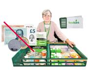 A lady standing behind 2 trays of long life food with a sign that says foodbank and some money with a red line through it.