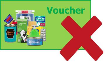 A red cross through a voucher with pictures of food on it.