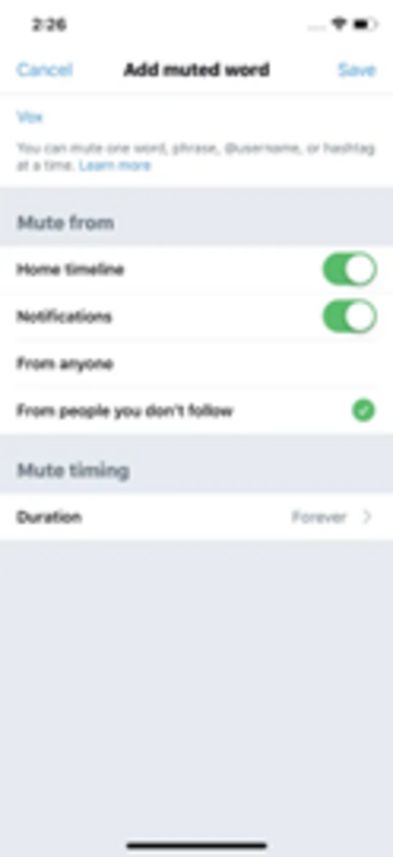 The Add muted word screen on Twitter displayed on an iPhone