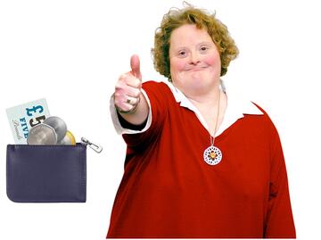 A purse with some money in it and a lady smiling with her thumb up.