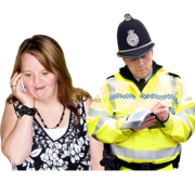 A woman is calling the police on her mobile phone