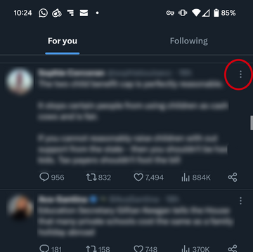 A blurred out Twitter message screen with a red circle around the three vertical dots on the right hand side which needs to be  pressed to report a post