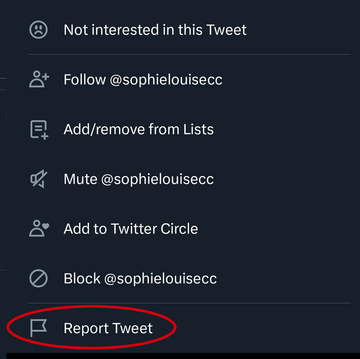 A photograph of the Twitter menu with the Report Tweet option circled