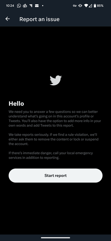 Twitter screen showing the Start report button