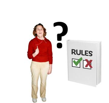 A lady pointing to herself.  Beside her is a question mark and a book of rules.