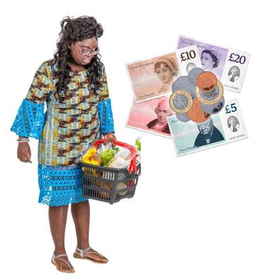 A lady with a shopping basket of food and some cash.