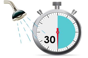A shower with water coming out of it and a stopwatch.