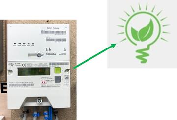 A smart meter with a green arrow pointing to an electricity logo.