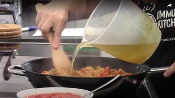Liquid being poured from a measuring jug into a frying pan.